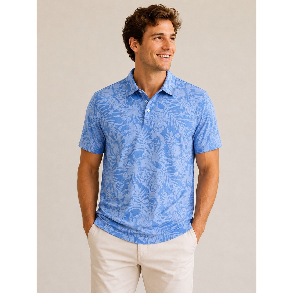 Nicoby Men's XL Polo Shirt Blue Tropical Floral Modal Blend Golf Casual